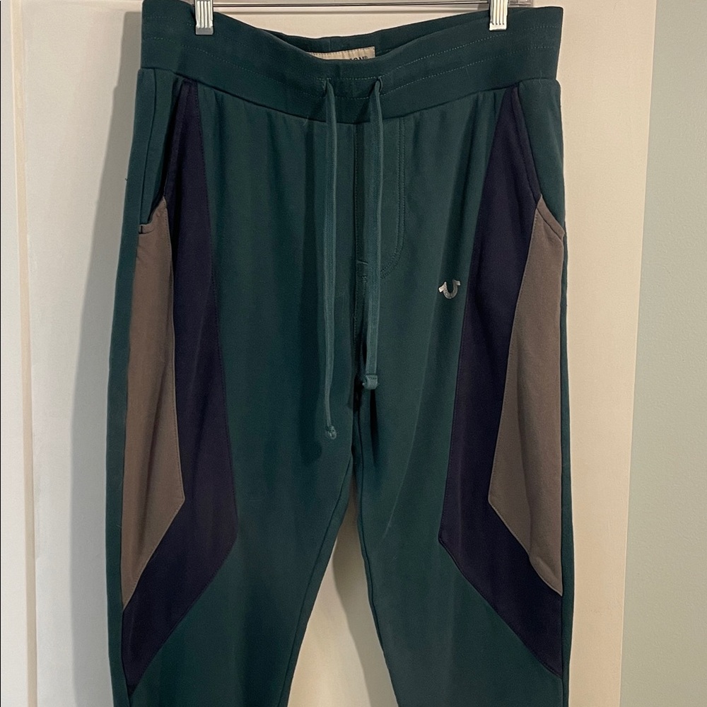 True Religion Joggers Size M Color Block Green Gray Blue 3 Pocket No Flaws